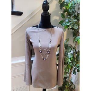 BCBG Max Azria Blouse Women's Taupe Small Studded Boat Neck Bell Sleeve Party